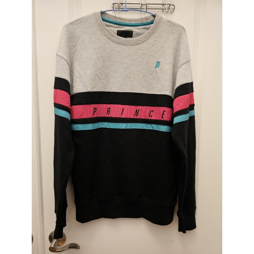 Prince Tennis Mens Sweatshirt Size S Grey Black Pink Colorblock Logo Crewneck